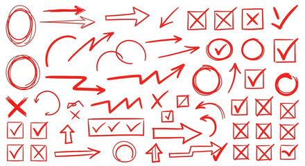 Collection of hand drawn red checkmarks crosses circles and arrows on a white background for design and annotation