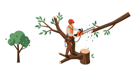 Naklejka premium Professional arborist pruning trees with chainsaw safely and efficiently