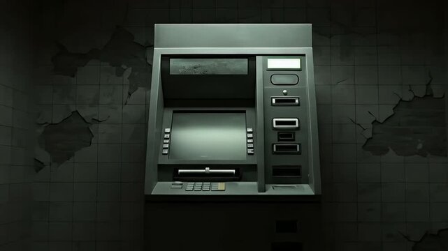 Abandoned Atm Machine in Dark Grimy Room With Cracked Walls and Fluorescent Lighting