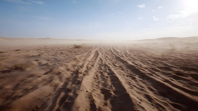Vast desert landscape with tire tracks disappearing into a dusty haze under a bright sky