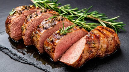 Succulent Sliced Meat with Fresh Herbs on a Dark Slate Plate