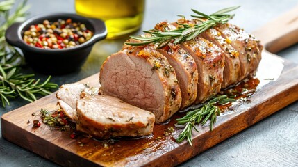 Juicy Herb-Crusted Roast Meat on Wooden Board with Fresh Spices