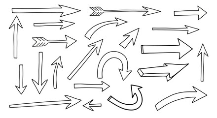 Collection of hand drawn arrows in various styles and directions on white background