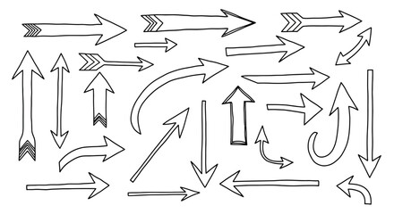 Collection of hand drawn arrow doodles and pointers in various styles and directions on a white background