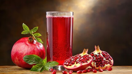 Refreshing Pomegranate Juice with Whole and Halved Pomegranates