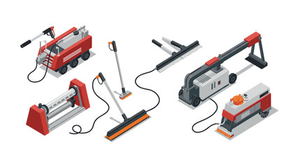 Naklejka premium Isometric cleaning equipment set with modern industrial floor cleaning machines
