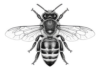 Detailed honey bee illustration in black and white, top-down view
