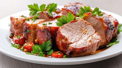 Juicy Roast Pork with Fresh Herb Garnish and Cherry Tomatoes