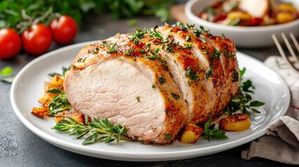 Savory Roasted Meat with Fresh Herbs and Vegetables on Plate