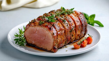 Deliciously Roasted Meat With Herbs and Cherry Tomatoes on Plate