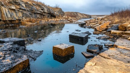 Serene Rocky Riverbank with Clouds and Reflections in Calm Water