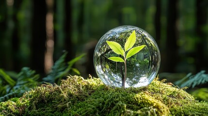 Fresh Green Leaf in Glass Sphere Surrounded by Lush Nature Scene
