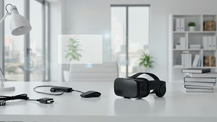 VR headset and cables on a white desk with a lamp and shelves in the background - Powered by Adobe