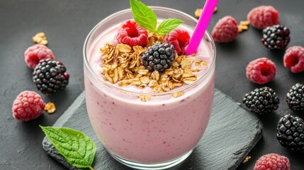 Refreshing Berry Smoothie with Granola and Mint Garnish