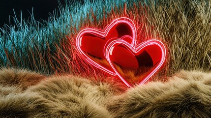 Neon Heart Lights Surrounded by Soft Fur Textures in Dark Atmosphere