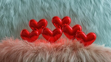 Shiny Red Hearts on Soft Fur Background for Romantic Themes