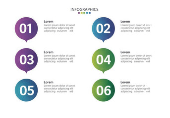 Infographic template with six numbered steps and text boxes
