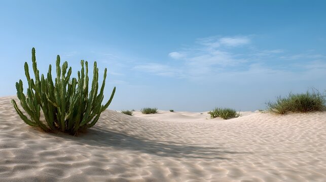 A striking green cactus plant emerges from golden desert sand dunes beneath a vast clear blue sky on a bright sunny day