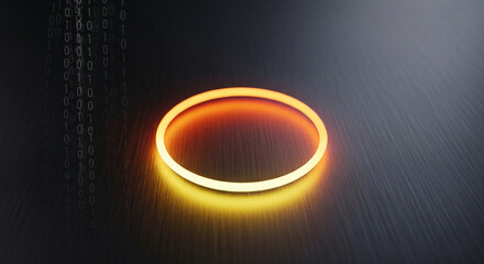 Image of luminous orange circle on gray surface with digital binary code, symbolic of technology, future, connectivity, innovation and data
