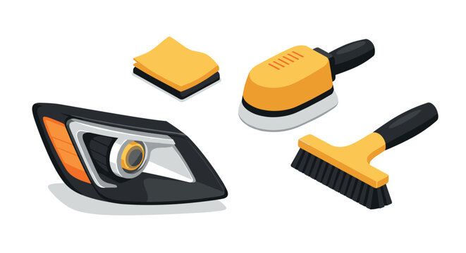 Car cleaning tools with headlight in modern isometric design