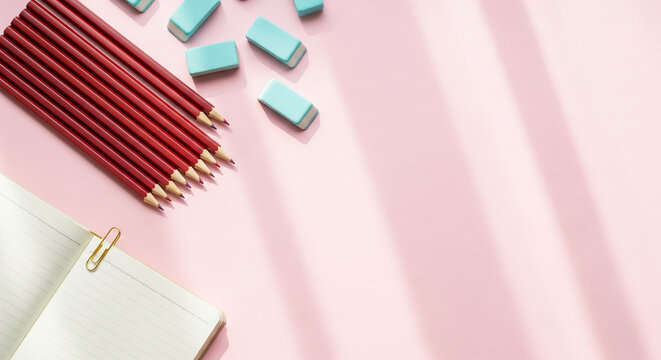 Flat lay of red pencil, light blue eraser, and notebook on pink surface with light beams, representing education, study and art, offers free space