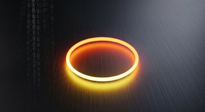 Image of luminous orange circle on gray surface with digital binary code, symbolic of technology, future, connectivity, innovation and data