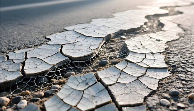 Cracked gray asphalt patterned like a river in an abstract close-up  