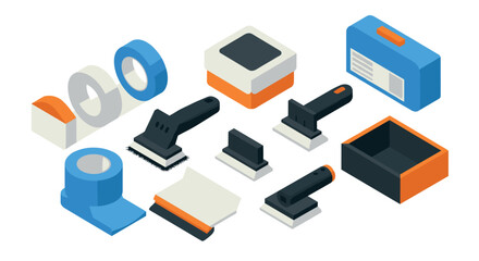 Isometric home improvement tools tape, scraper, and brush set in blue and orange