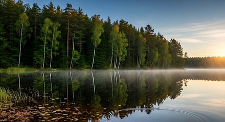 Misty Lake Reflection at Sunrise - A Serene Forest Scene.