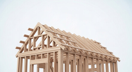 Obraz premium A wooden frame structure with a gabled roof, possibly a house or a shed, against a plain white background.