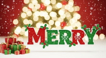 Christmas-themed decorations with a red and green color scheme, including a tree, presents, and snowflakes.