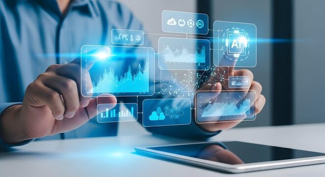 Man interacting with digital interface displaying data and analytics information - Powered by Adobe