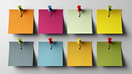 Collection de notes autocollantes colorées fixées avec des punaises