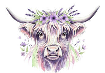 Watercolor highland cow with lavender flower crown, artistic flair