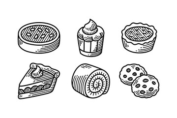 Sweet desserts with Mud pie, cupcake, egg tart, cinnamon pie, chiffon and cookies engraving icon set. Bakery pastry snacks hand drawn element design pack for restaurant, cafes, bake shop merchandise