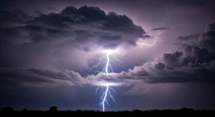 A dramatic lightning storm with lightning bolts striking the clouds in a dark, stormy sky with a silhouette of a tree in the foreground.