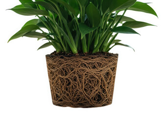 Vibrant green plant with intricate root system in visible soil