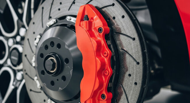 A red and black sports car brake caliper with a black and silver wheel in the background.