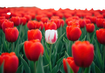 White tulip with red stripes stands out among vast red field.