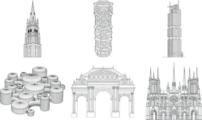 Set of architectural sketches showcasing diverse building designs