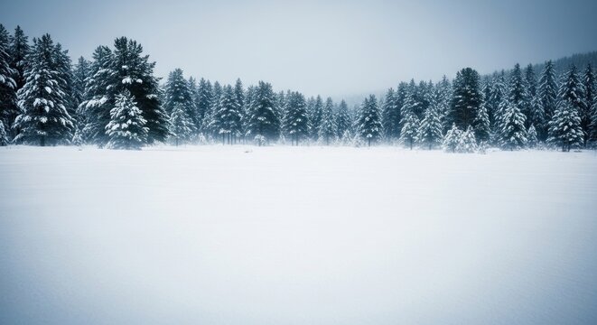 Snow-covered forest with pine trees and a clear sky.