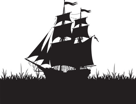 Black silhouette of a tall ship with sails and flags