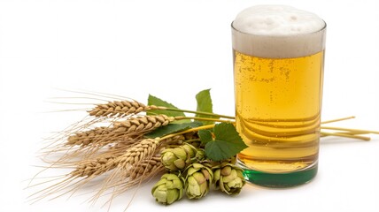 Refreshing beer in glass with wheat and hops on white background still life