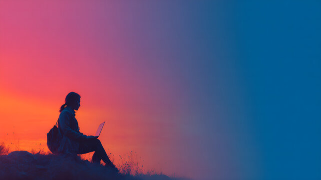 Traveler using laptop outdoors during colorful sunset sky