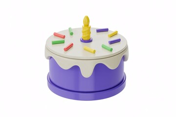 Isolated purple birthday cake with candle and sprinkles stock photo image