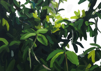 Abstract green foliage, vibrant leaves with painterly texture