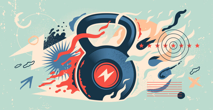 Fitness illustration in abstract style with the kettlebell and colorful shapes. Vector illustration.
