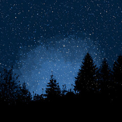 Fototapeta premium A night scene featuring a dark forest silhouette under a sky filled with falling snow and dim lighting
