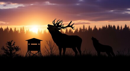 Silhouette of a Majestic Stag Roaring at Sunset in the Wilderness.