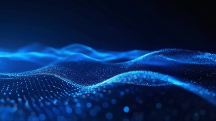 Dynamic abstract blue particle waves shimmering on a dark background, symbolizing advanced digital technology, data streams, and futuristic network connections - Powered by Adobe